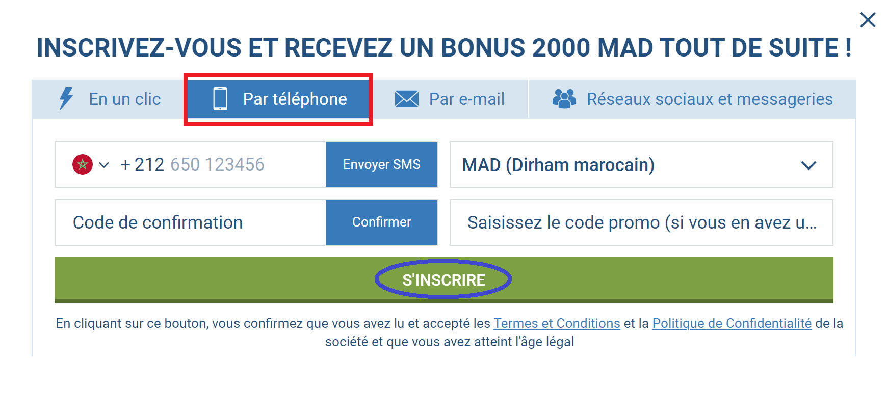 1xBet Maroc inscription via le numéro de téléphone